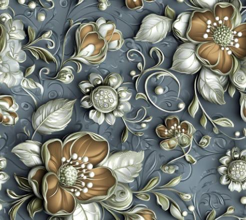 5D Linen Two Piece all over Unstitched Dress - Slate bronze florals - linen-5d-006