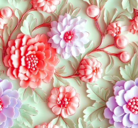 5D Linen Two Piece all over Unstitched Dress - Coral Peony & Lilac Blossoms on Pistachio - linen-5d-009