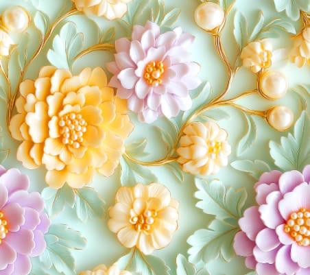 5D Linen Two Piece all over Unstitched Dress - Mint Gold Peony Vine - linen-5d-002