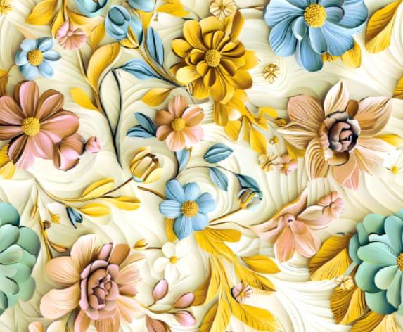 5D Linen Two Piece all over Unstitched Dress - Sunlit mustard & sky bloom - linen-5d-010