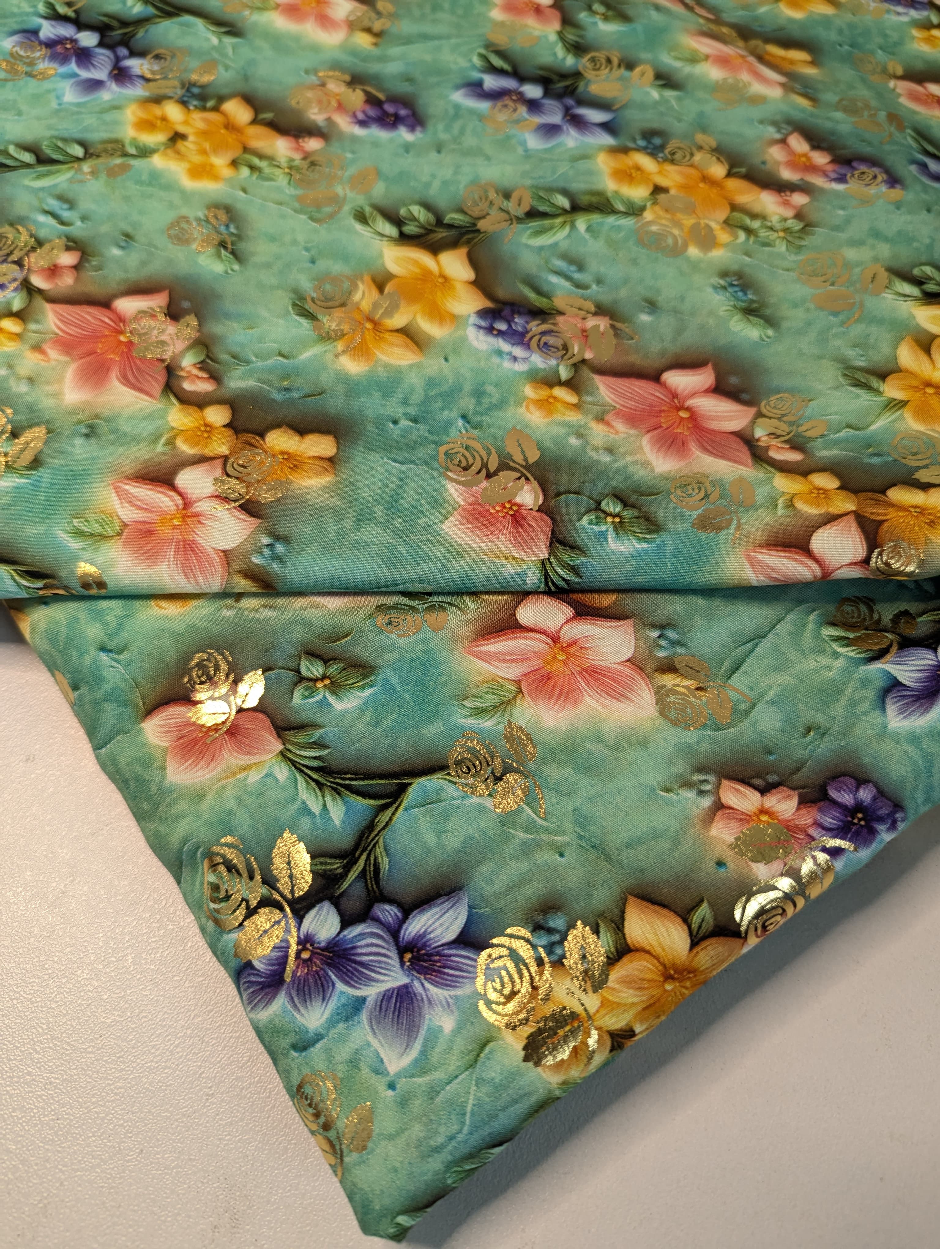 5D Linen Two Piece all over Unstitched Dress - Aqua Garden with Buttercream Blooms linen-5d-030